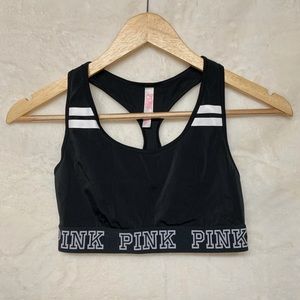 PINK Unlined Sports Bra Crop Black W/ Logo, Small